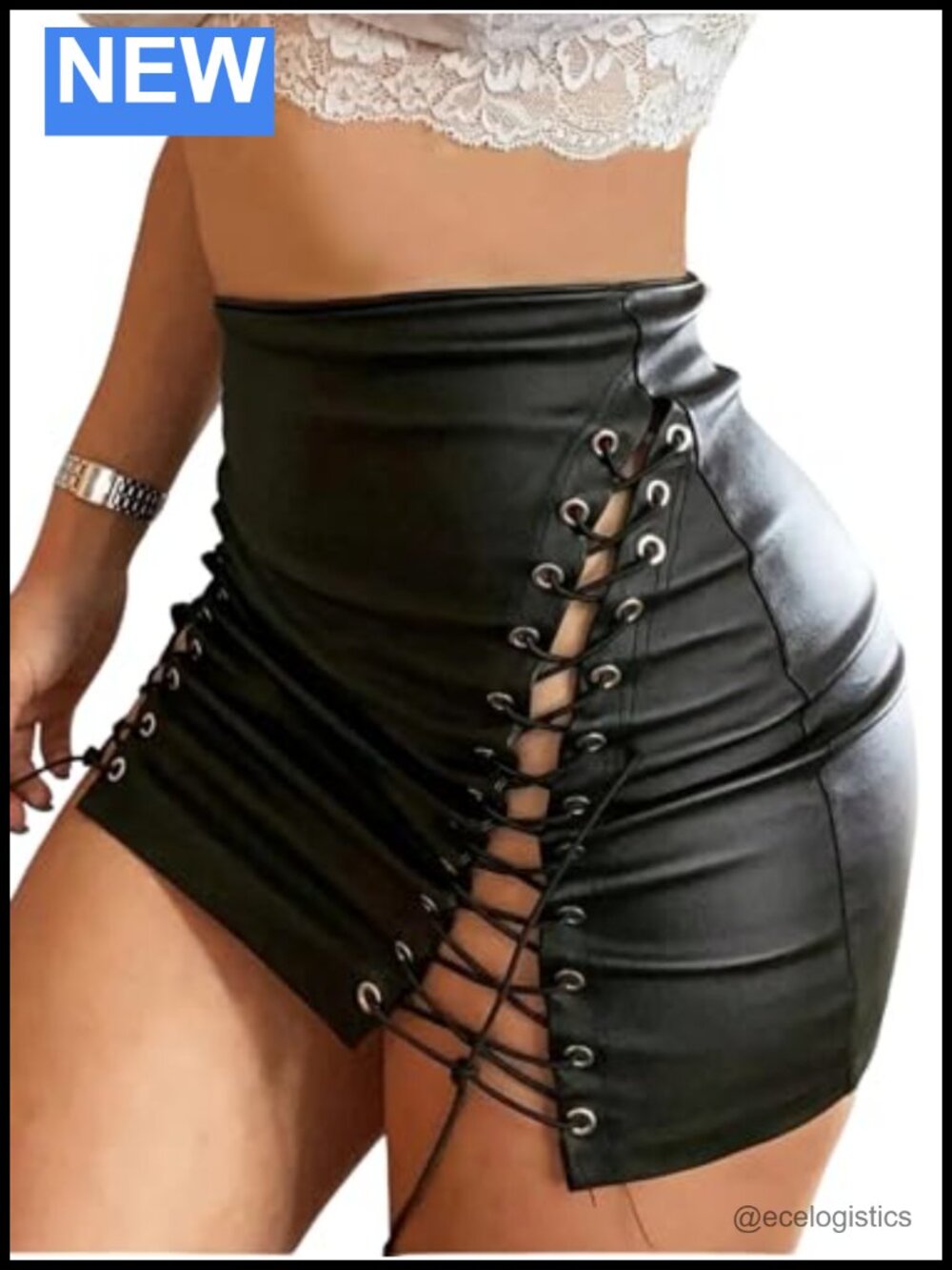 Women's PU Leather Lace Up High Waist Bodycon Club Mini Skirt